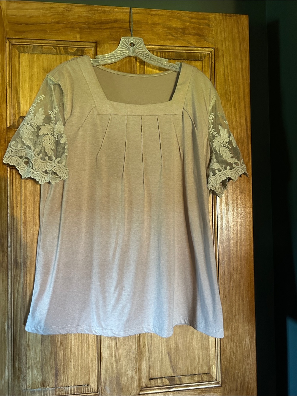 Square Neck Lace Sleeve Blouse — Taupe